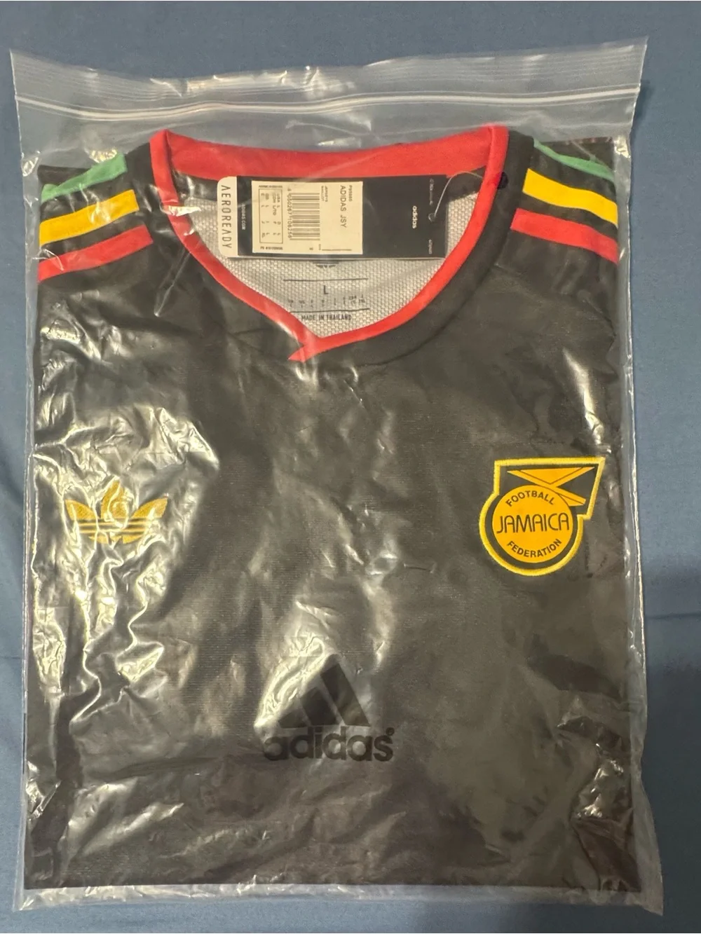 adidas Black Jamaica Football Jersey with Red and Rasta Stripes